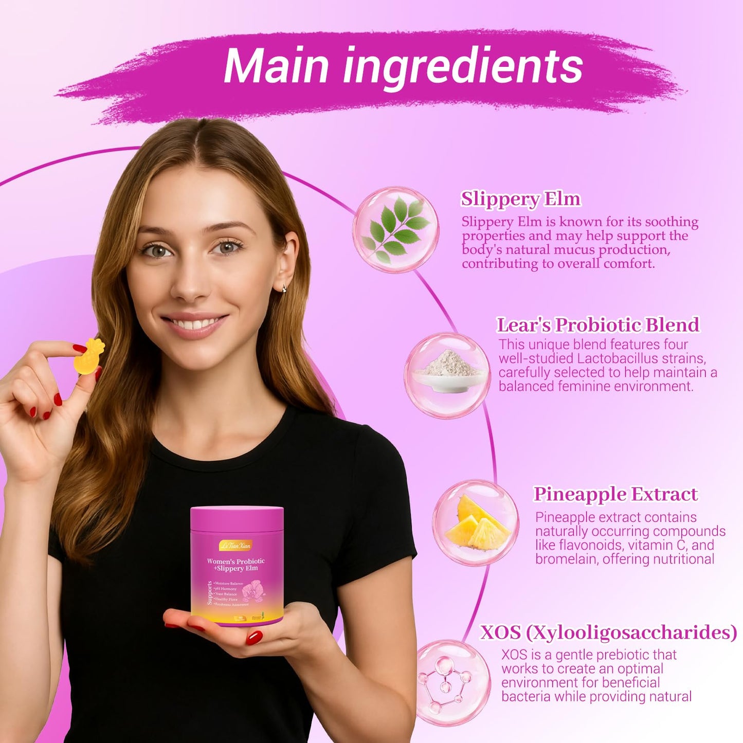 Le Tian Xian Her Juicy Feminine Probiotics Gummies for Women with Slippery Elm, Prebiotics & Lactobacillus - for pH Balance & Digestive Health, Tropical Pineapple Flavor, 60 Count - Maple Wellness Supplements