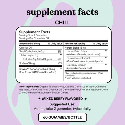 Lemme Chill Stress Relief Gummies with 300mg KSM-66 Ashwagandha, Lemon Balm, Passionflower & Goji to Support Relaxation, Healthy Cortisol & Sleep - Gluten-Free, Non-GMO, Mixed Berry (60 Count) - Maple Wellness Supplements