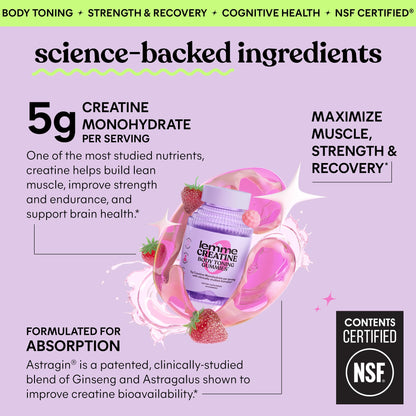 Lemme Creatine Monohydrate Gummies for Women and Men, 5g Dose to Support Lean Muscle, Strength, Recovery, Cognitive Health, w/Ginseng for Absorption - Maple Wellness Supplements