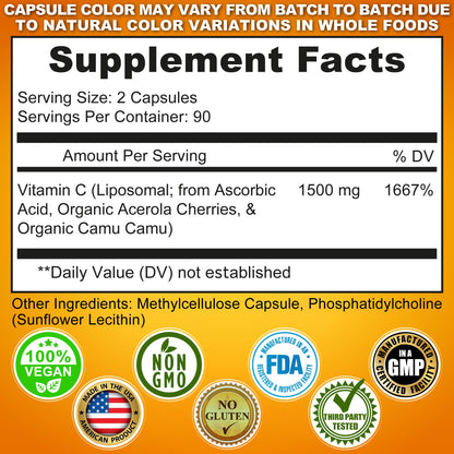 Liposomal Vitamin C Capsules - 1500mg - Made with Organic Acerola Cherries & Camu Camu, High Potency Vitamin C Liposomal - Immune Support Supplement - Maple Wellness Supplements