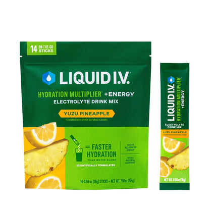 Liquid I.V.® Hydration Multiplier +Energy - Yuzu Pineapple | Electrolyte Powder Drink Mix | 1 Pack (14 Servings) - Maple Wellness Supplements