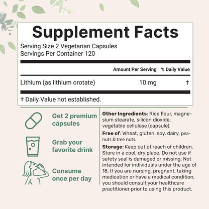 Lithium Orotate 10mg, 240 Veggie Capsules | 5mg Per Capsules | High Bioavailability Trace Mineral | Healthy Aging, Brain Supplement - Maple Wellness Supplements