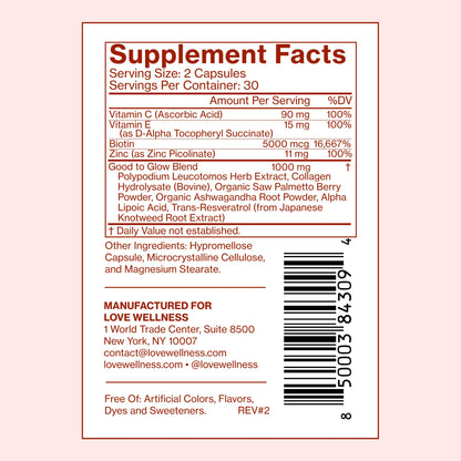 Love Wellness Good to Glow | Collagen Supplement with Biotin, Vitamin C, E, Ashwagandha & Zinc | Promotes Smooth, Glowing & Clear Skin | Enhances Smoothness & Promotes Healthy Skin | 60 Count - Maple Wellness Supplements