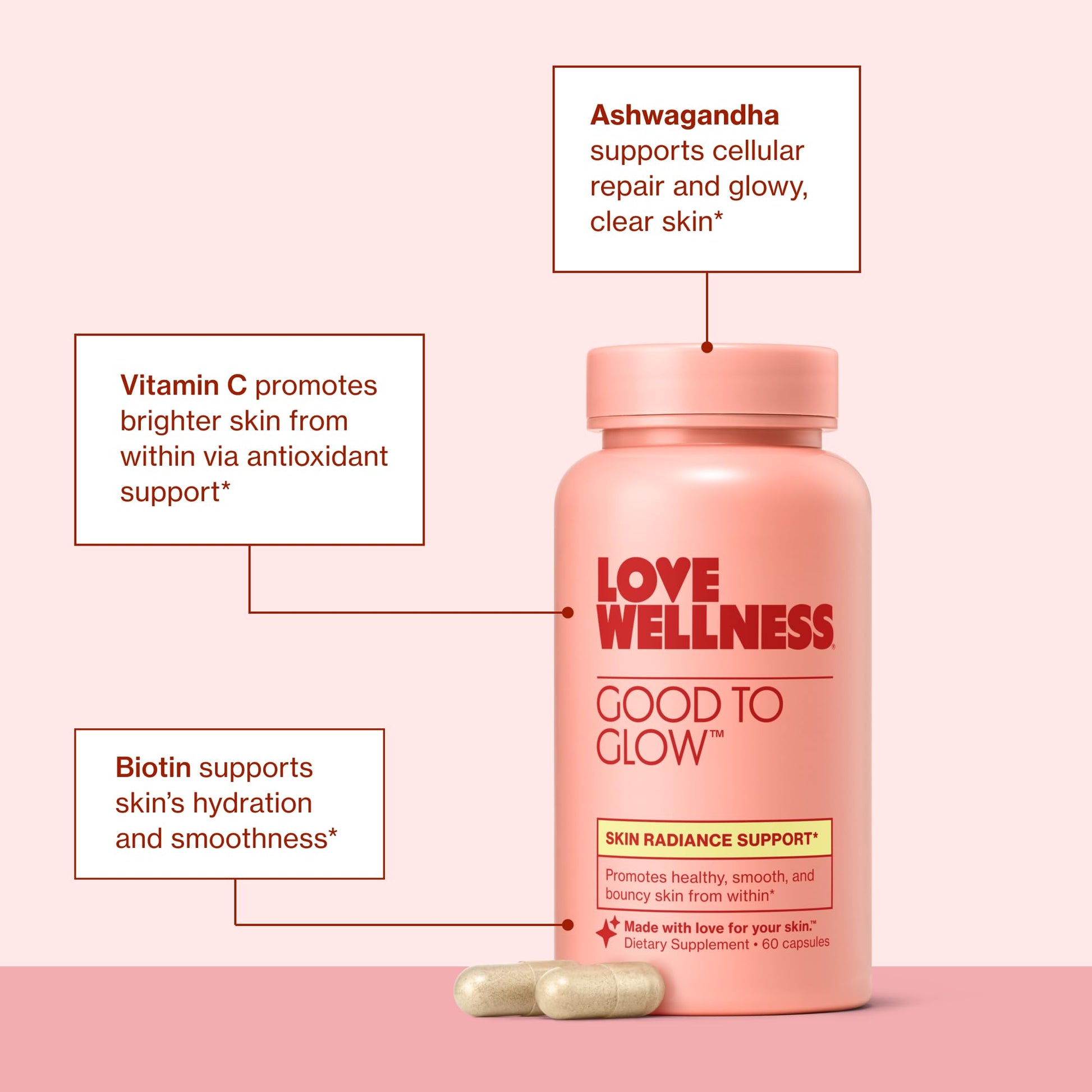 Love Wellness Good to Glow | Collagen Supplement with Biotin, Vitamin C, E, Ashwagandha & Zinc | Promotes Smooth, Glowing & Clear Skin | Enhances Smoothness & Promotes Healthy Skin | 60 Count - Maple Wellness Supplements