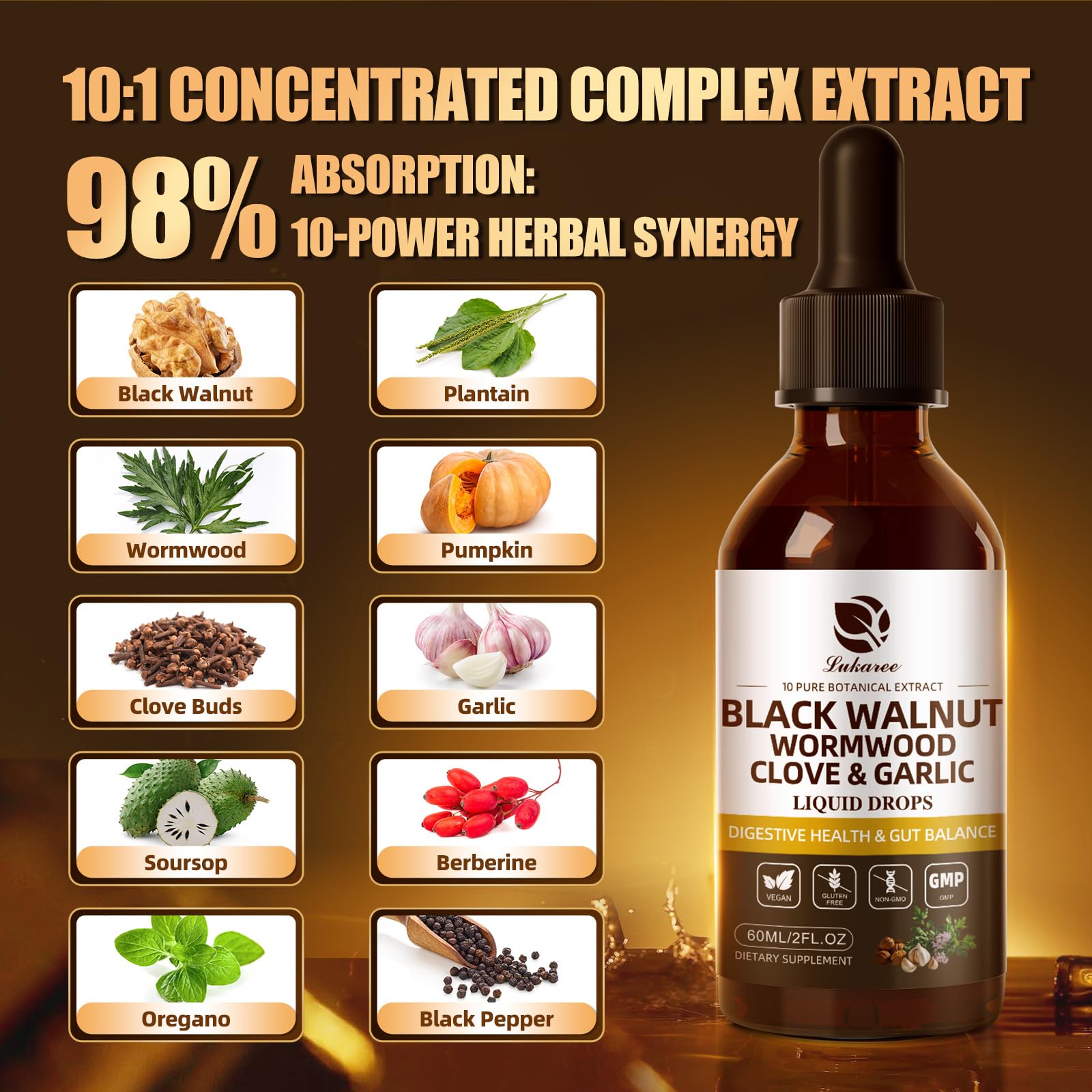 Lukaree Wormwood Black Walnut Clove Cleanse for Humans Tincture – Rapid Gut Detox & Digestive Health with Garlic Pumpkin Seeds Soursop Oregano, 10:1 Ultra-Concentrated Liposomal Tech 98% Absorption - Maple Wellness Supplements