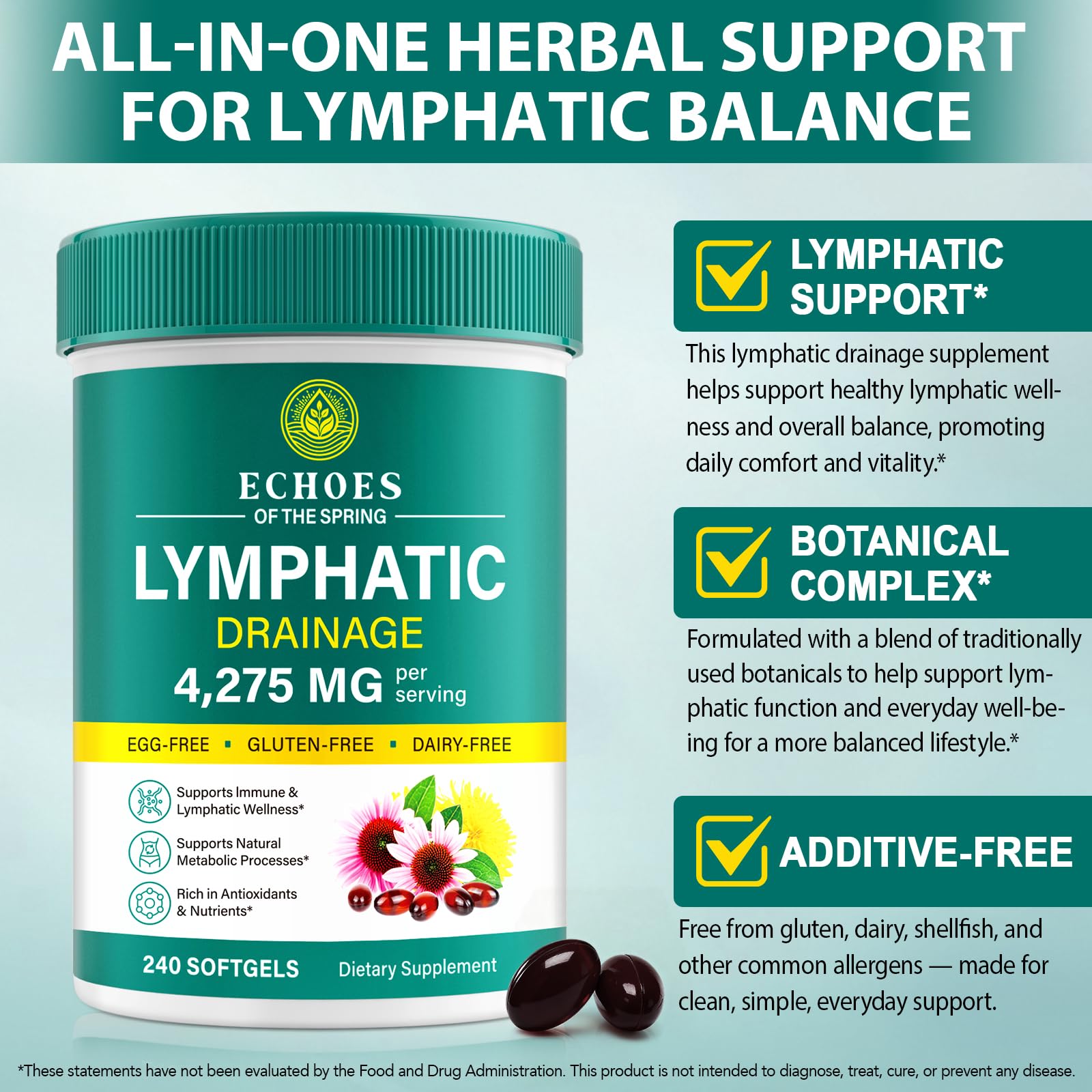 Lymphatic Drainage Supplements, 4275mg Lymph System Support Supplement for Women & Men, Daily Wellness Support, 21-in-1 Herbal Blend with Echinacea, Dandelion, Burdock, Turmeric & More, 240 Softgels - Maple Wellness Supplements