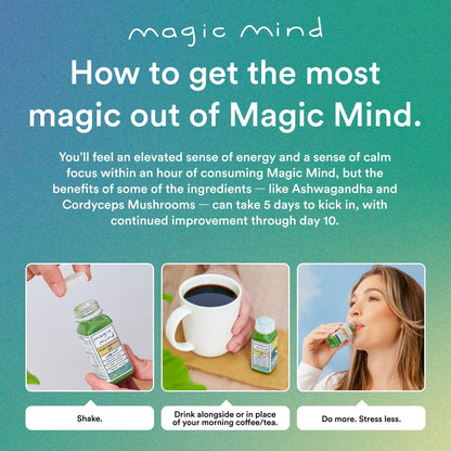 Magic Mind Focus Energy Drink Shots - No Jitters, Stress Relieving, Ashwagandha, Functional Mushrooms, Matcha Green Tea, Vitamin B12, Vitamin C - 2 FL Oz (5 Pack) - Maple Wellness Supplements