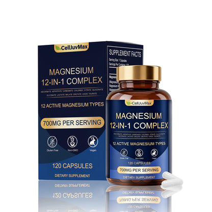 Magnesium 12-in-1 Complex 700mg, with Glycinate & Citrate, Vegan Supplement for Daily Wellness, 120 Capsules (1) - Maple Wellness Supplements