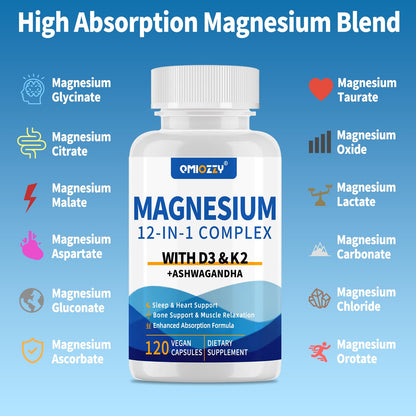 Magnesium Complex 12 in 1 Supplement for Women & Men 700mg, Magnesium Glycinate with Vitamin D3 K2, Citrate Malate Oxide Taurate Aspartate Orotate, for Relaxation, Heart, Energy, Muscle, 120 Capsules - Maple Wellness Supplements