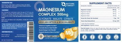 Magnesium Complex 500mg, Magnesium Glycinate, Malate & Citrate - High Absorption Chelated Triple Magnesium Supplement with Zinc, Vitamin D3 for Muscle, Nerve, Bone & Immune Support, Vegan 120 Capsules - Maple Wellness Supplements