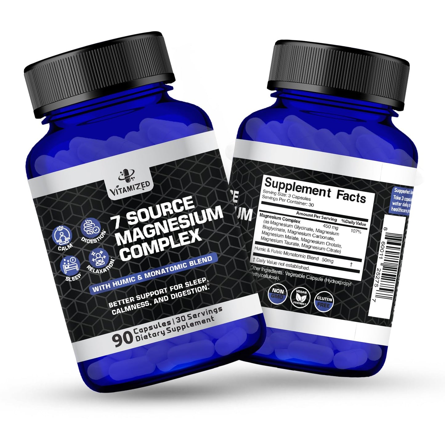 Magnesium Complex for Sleep, Relaxation, Digestion & Calm – Magnesium Glycinate, Citrate, Bisglycinate, Carbonate, Malate, Orotate, Taurate, + Humic/Fulvic for High Absorption - 90 ct. - Maple Wellness Supplements