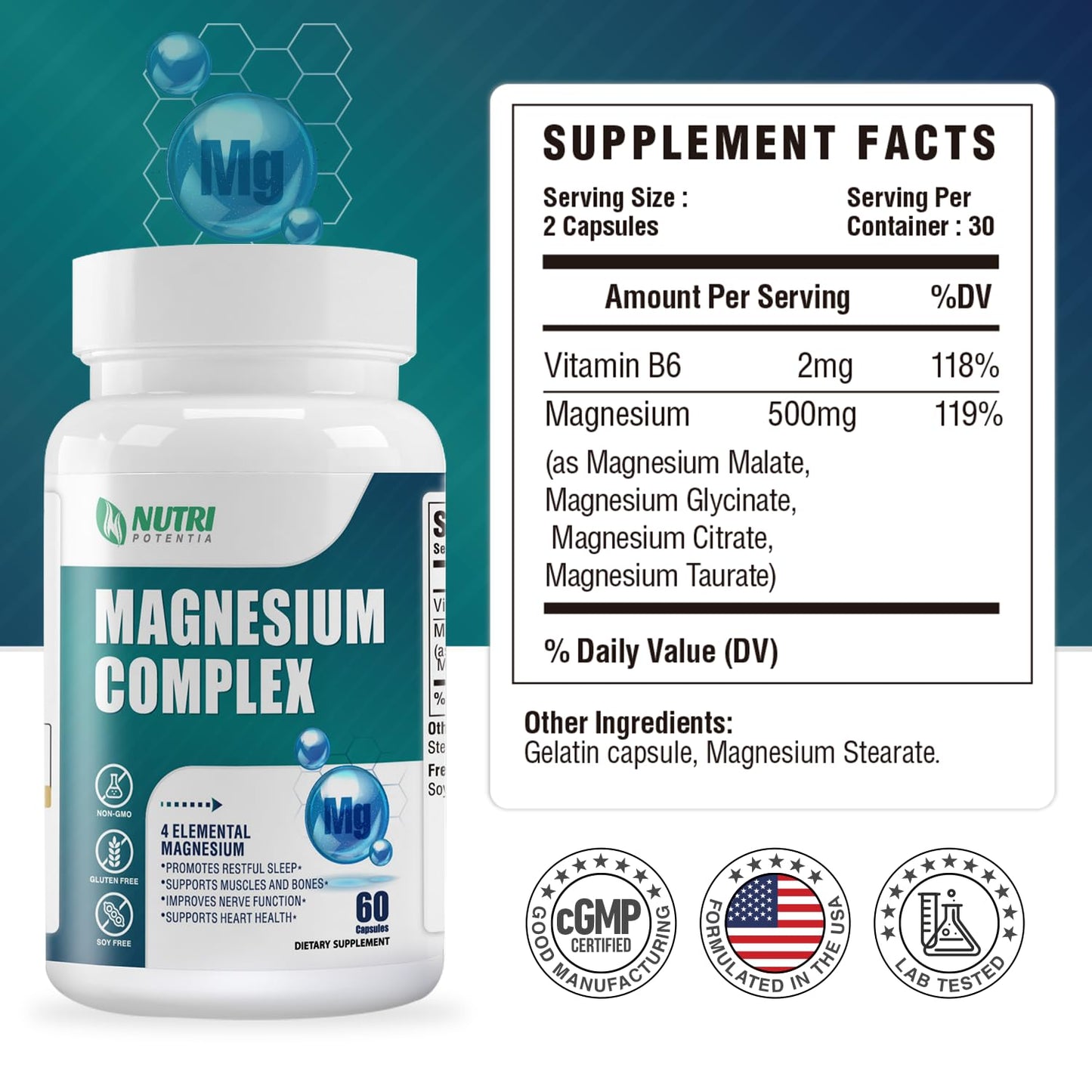 Magnesium Complex for Women&Men,With Glycinate Malate Citrate Taurate.Support for Sleep,Stress Relief,Cognitive Function,Magnesium Supplement 500mg,Third-Party Tested(Made & Tested in USA)-60 Capsules - Maple Wellness Supplements