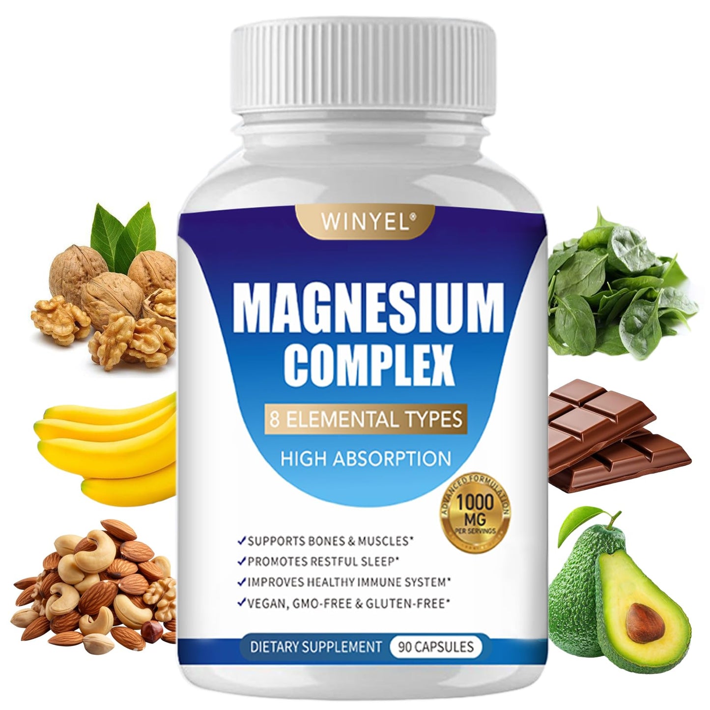 Magnesium Complex Supplement 8 Elemental 1000mg | Magnesium Supplement with Glycinate, Malate, Citrate | Sleep, Relaxation, Bone & Muscle | Vegan 90 Capsules - Maple Wellness Supplements