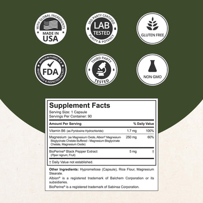 Magnesium Glycinate Chelate Complex with Albion Magnesium Bisglycinate Chelate, Vitamin B6 & BioPerine for Bone, Muscle, Natural Sleep, - Maple Wellness Supplements