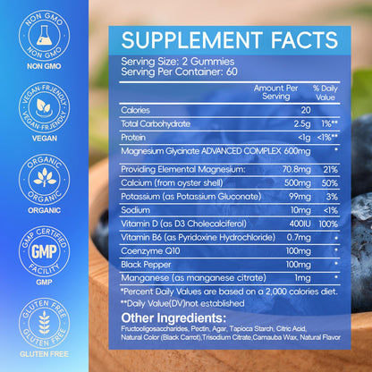 Magnesium Glycinate Gummies 600mg, Chewable Sugar Free Potassium Magnesium Gummies with Manganese Glycinate, Vitamin D, B6, and CoQ10 for Calm Suppor - Maple Wellness Supplements