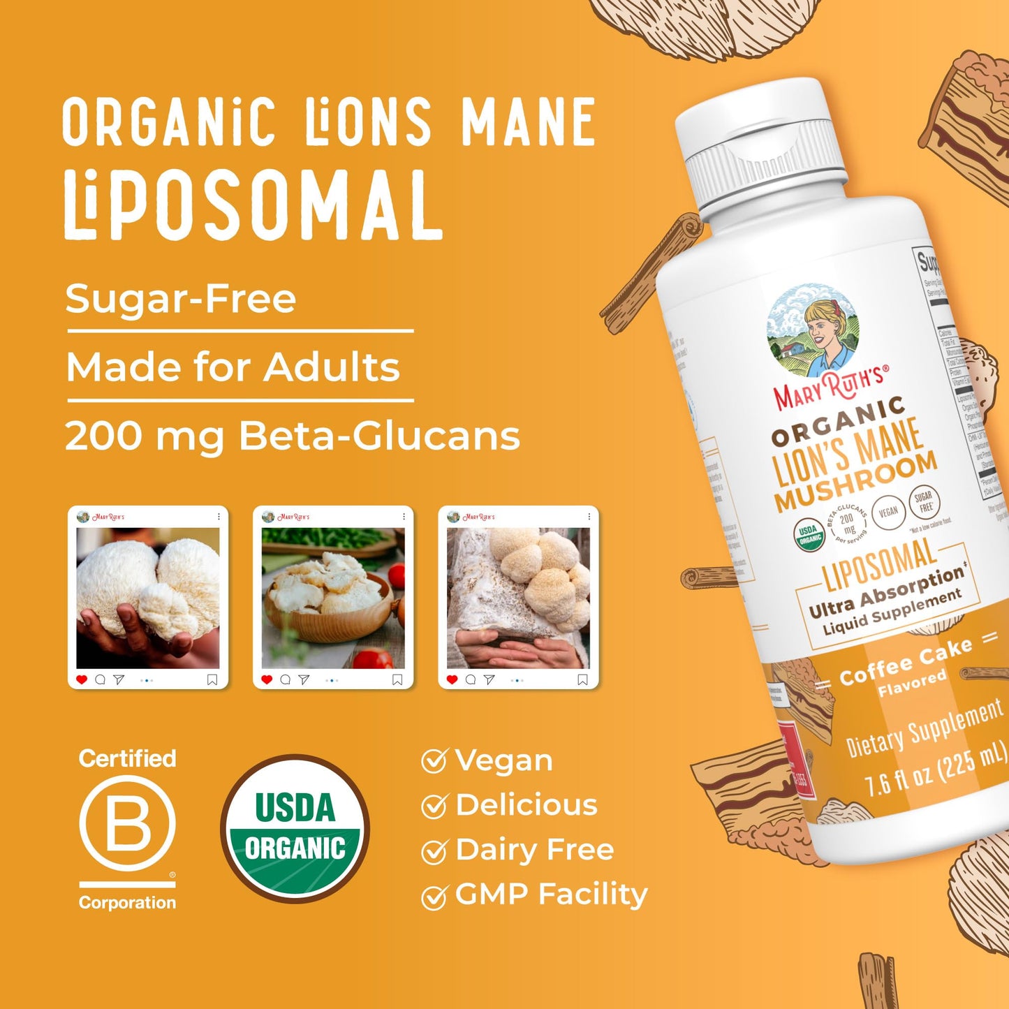 MaryRuth Organics Lions Mane Supplement | Ultra Absorption Liposomal | Full Spectrum Lion's Mane Mushroom | 200mg Beta-Glucans Per Serving | USDA Organic | Vegan | 7.6 oz | 15 Servings - Maple Wellness Supplements