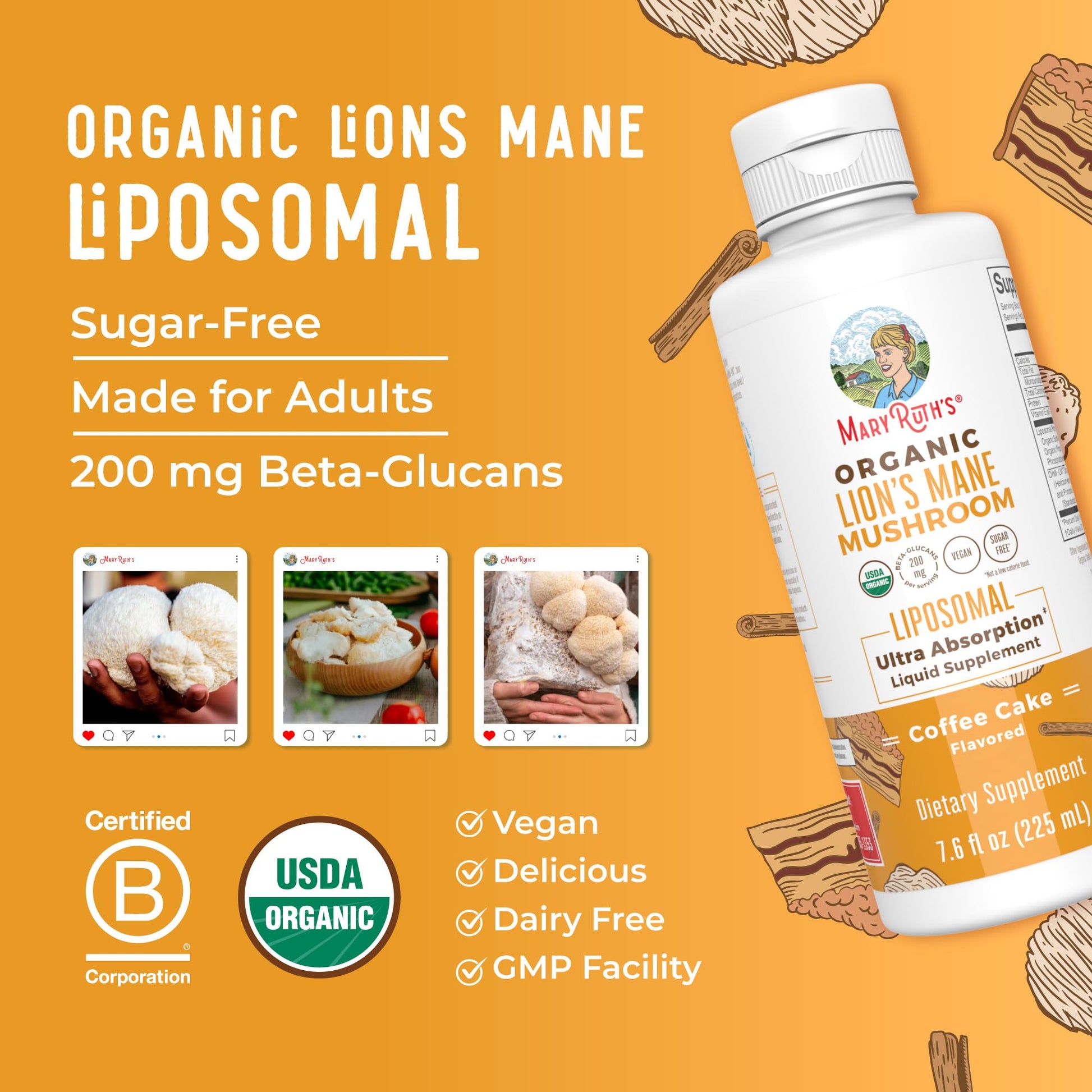 MaryRuth Organics Lions Mane Supplement | Ultra Absorption Liposomal | Full Spectrum Lion's Mane Mushroom | 200mg Beta-Glucans Per Serving | USDA Organic | Vegan | 7.6 oz | 15 Servings - Maple Wellness Supplements