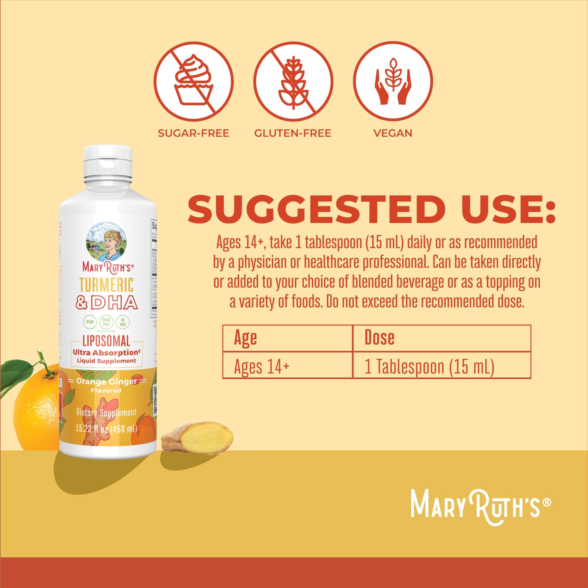 MaryRuth Organics | Liposomal Turmeric & DHA | Curcumin | Ginger Root Oil | Algal DHA & Vitamin E | Cognitive Function | Mood Support | Joint Health | Liquid Supplement | 15.22 oz - Maple Wellness Supplements