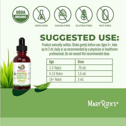 MaryRuth Organics Liquid Probiotic for Ages 4+ | 2 Billion CFU | 13 Probiotic Strains | Gut Health & Digestive Support | Gas & Bloating Support | Vegan | Gluten Free | Travel-Friendly | 20 Servings - Maple Wellness Supplements