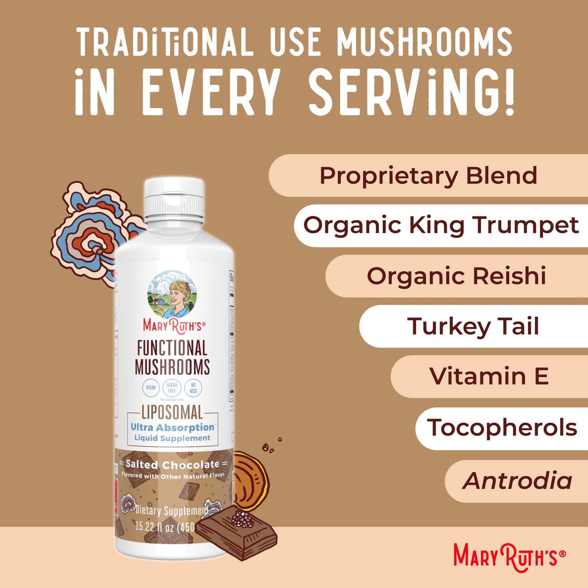 MaryRuth Organics Mushroom, Mushroom Supplement, Mushroom Liquid Vitamin, Reishi Mushroom Supplement for Immune Support, Turkey Tail Vitamin for Stress Relief, Vegan, Non-GMO, Gluten Free, 15.22 Fl Oz - Maple Wellness Supplements