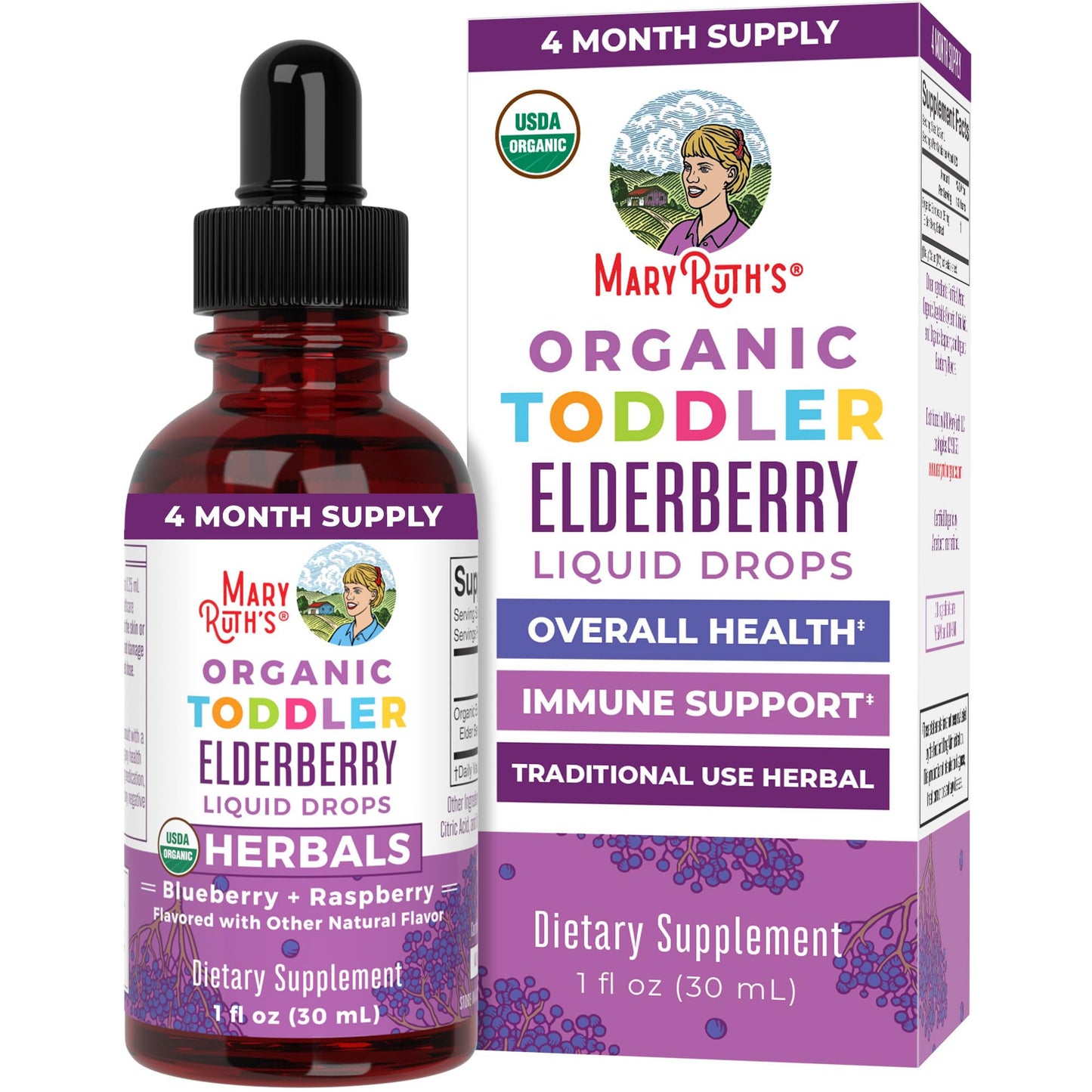 MaryRuth Organics Toddler Elderberry Syrup, USDA Organic Elderberry, Sugar Free Kids Immune Support Supplement for Ages 1-3 Years, Clean Label Project Verified®, Vegan, Non-GMO, Gluten Free, 1 Fl Oz - Maple Wellness Supplements