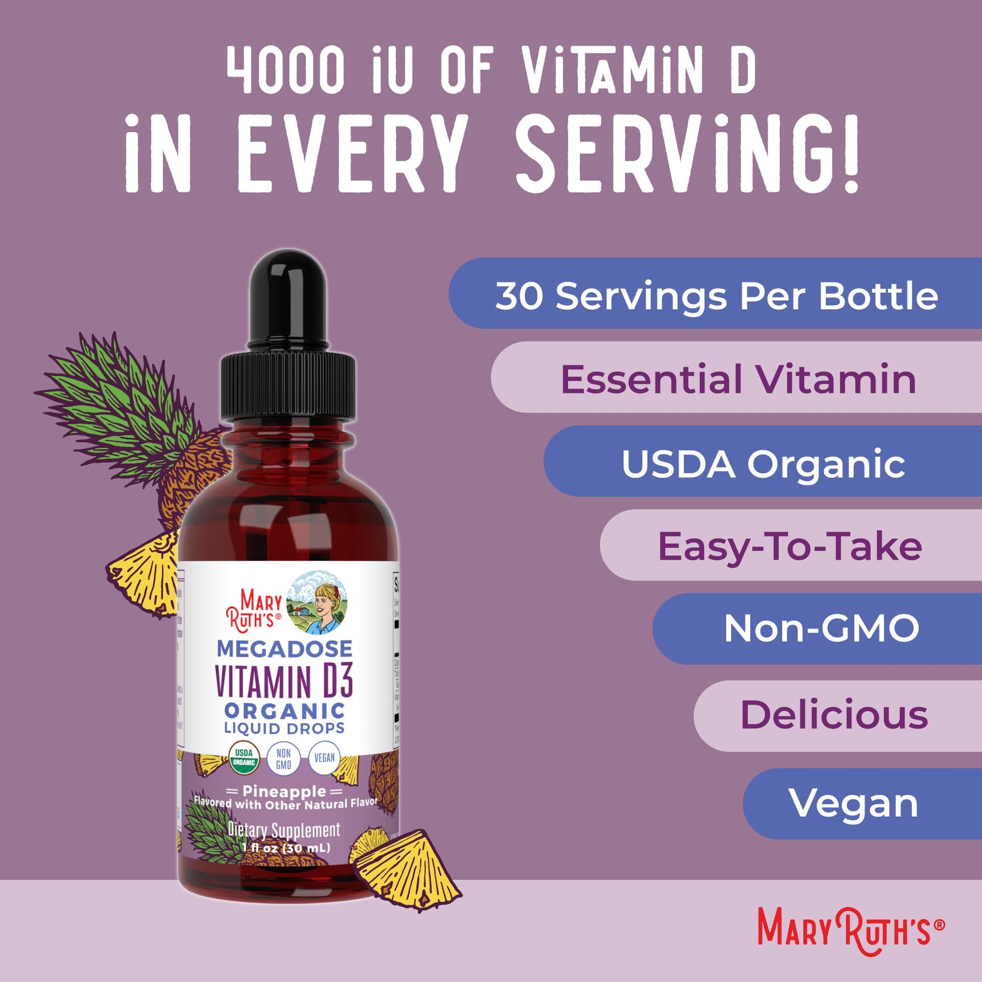 MaryRuth Organics Vitamin D3 Liquid Drops | Megadose 4000 IU | USDA Organic Liquid Vitamin D Spray for Adults & Kids | Immune Support & Bone Health | Vegan | Gluten Free | Non-GMO | 30 Servings - Maple Wellness Supplements