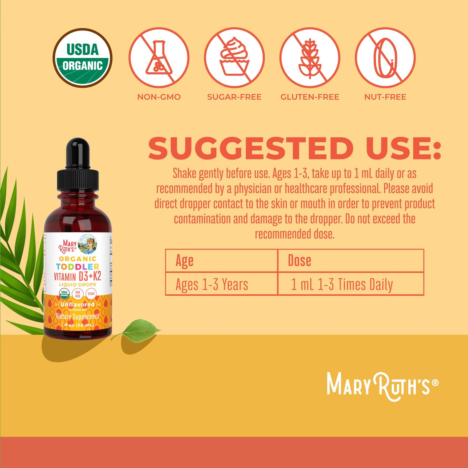 MARYRUTH'S Organics Vitamin D3 | Vitamin K2 | Vitamin D3 K2 Drops | K2 D3 Vitamin Liquid Supplement for Toddlers | Kids Supplement for Calcium Absorption - Maple Wellness Supplements