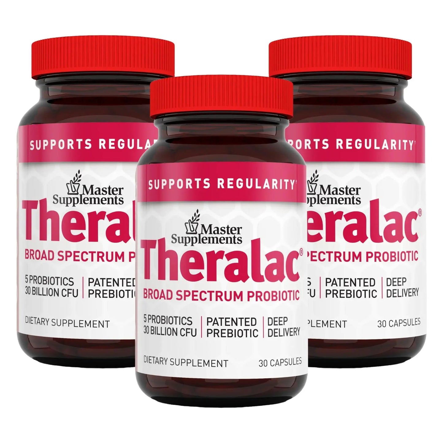 Master Supplements Theralac - 30 Capsules, Pack of 3 - Multi-Strain Probiotic for Optimal Gut Health + Gas & Bloating Relief - Gluten Free - 90 Servings - Maple Wellness Supplements