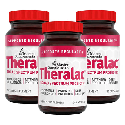 Master Supplements Theralac - 30 Capsules, Pack of 3 - Multi-Strain Probiotic for Optimal Gut Health + Gas & Bloating Relief - Gluten Free - 90 Servings - Maple Wellness Supplements