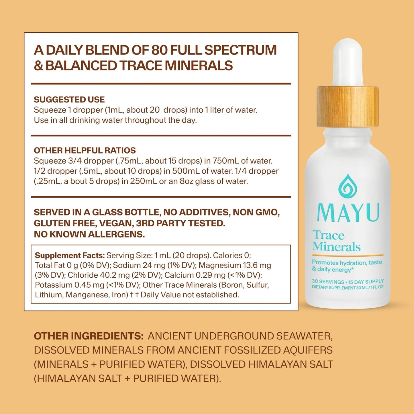 MAYU Trace Mineral Drops - 1 Bottle - 80+ Full-Spectrum Ionic Minerals for Water - Great-Tasting Mineral Supplement for Hydration - Magnesium, Potassium & Zinc - No Additives - 30 Servings - Maple Wellness Supplements