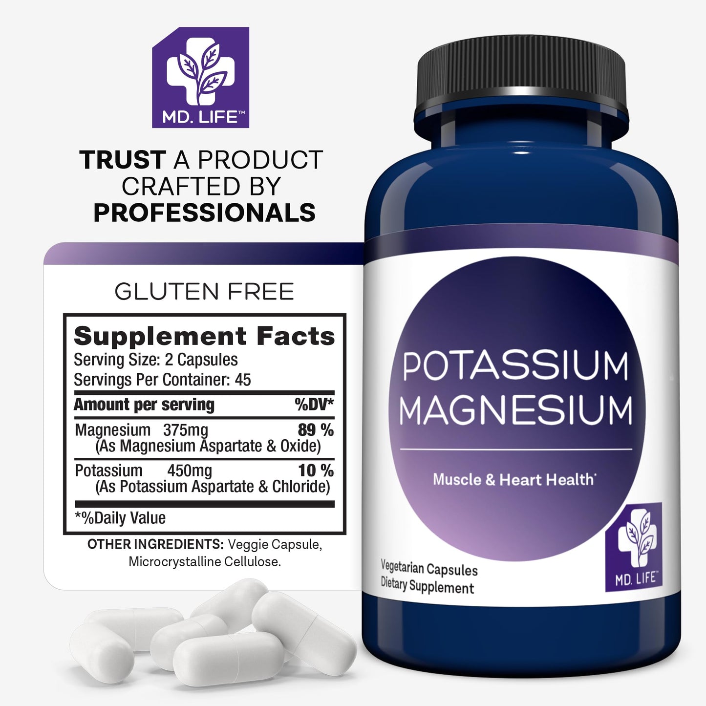 MD. Life Potassium Magnesium Supplement - 90 Capsules - Magnesium Potassium Supplement - High Absorption Complex - Maple Wellness Supplements