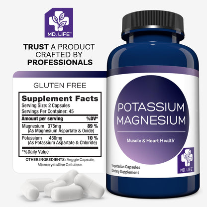 MD. Life Potassium Magnesium Supplement - 90 Capsules - Magnesium Potassium Supplement - High Absorption Complex - Maple Wellness Supplements