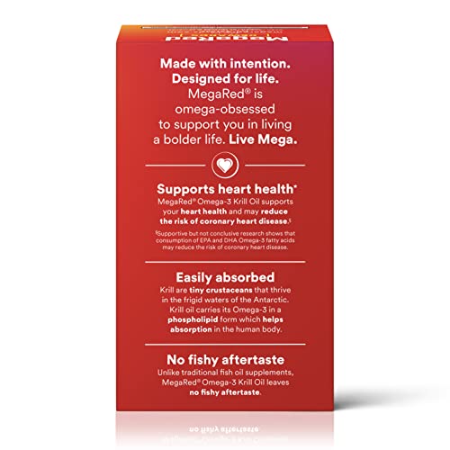 MegaRed Antarctic Krill Oil 500mg Omega 3 Fatty Acid Supplement, Extra Strength EPA & DHA Krill Oil Softgels (90cnt Box), Astaxanthin - Maple Wellness Supplements