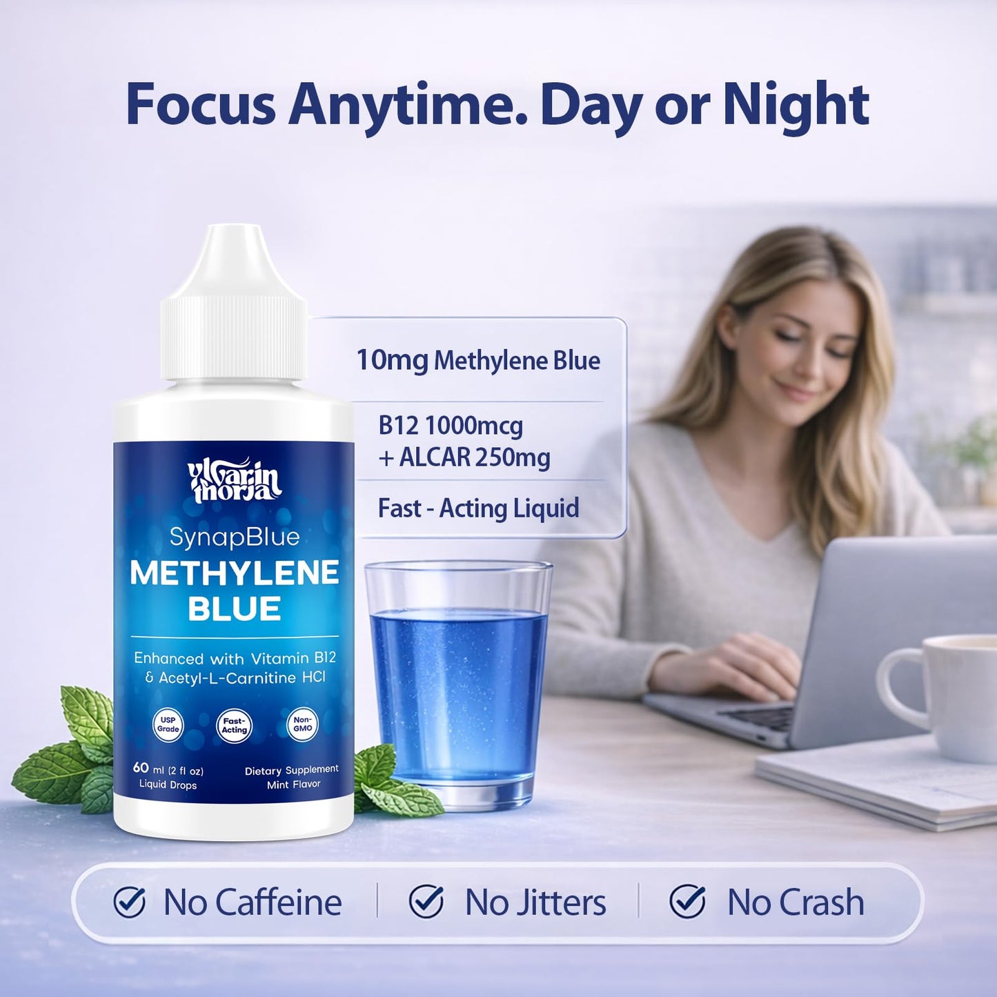 Methylene Blue Drops for Humans, 1% USP Grade – Dropper-Free No-Touch Bottle, Brain Supplement for Memory and Focus – Fast-Acting Nootropic with Methyl B12 & ALCAR – Caffeine-Free, Mint Flavor, 2oz - Maple Wellness Supplements