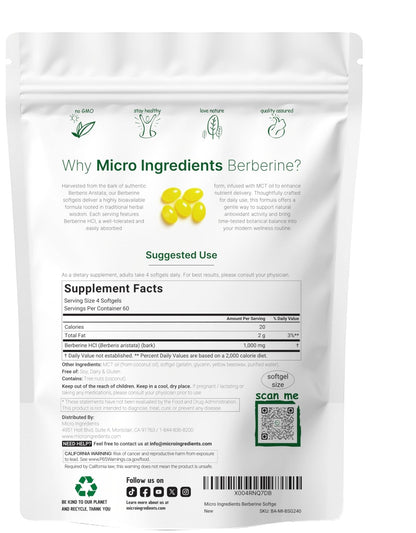 Micro Ingredients 1000mg with MCT Oil, 240 Softgels | Highly Bioavailable Formula with Berberine HCI from Aristata - Maple Wellness Supplements