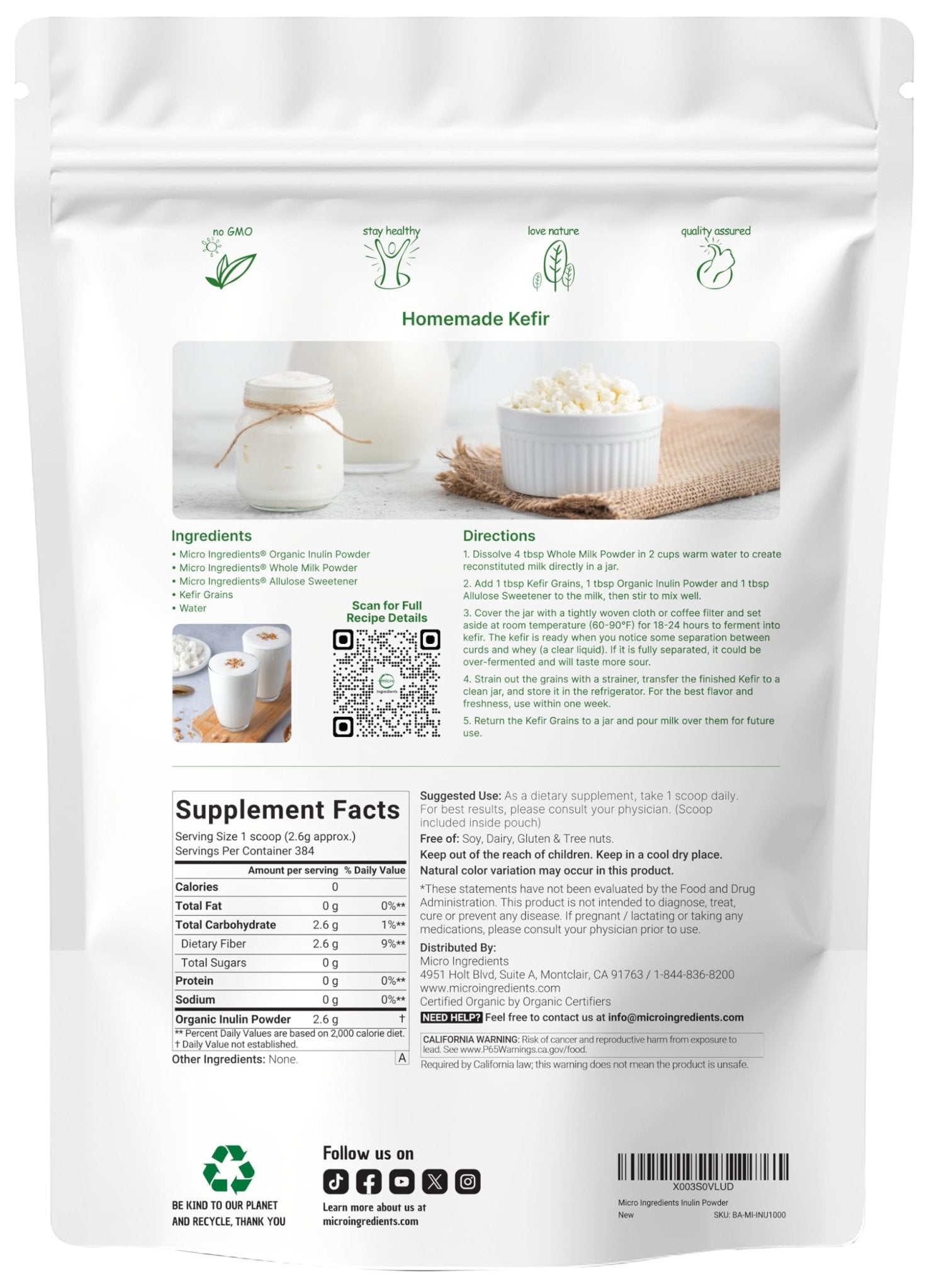 Micro Ingredients Organic Inulin FOS Fiber Powder, 2.2 lbs | Quick Water-Soluble Prebiotic | Natural Fiber for Smoothies & Drinks | Vegan Friendly, Dissolves Clear - Maple Wellness Supplements