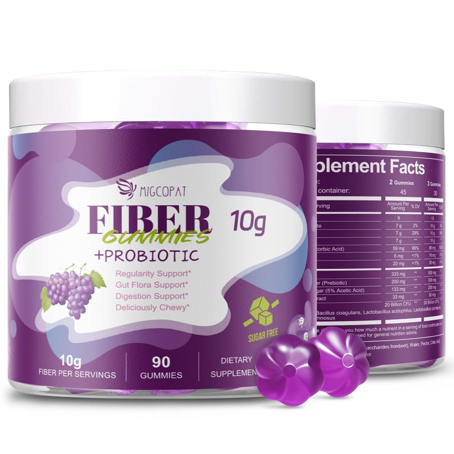 Migcopat 10G Fiber Gummies with 30 Billion CFU Probiotics, Grape Flavor, Bloating Support, Fiber Supplement with Vitamin C, - Maple Wellness Supplements