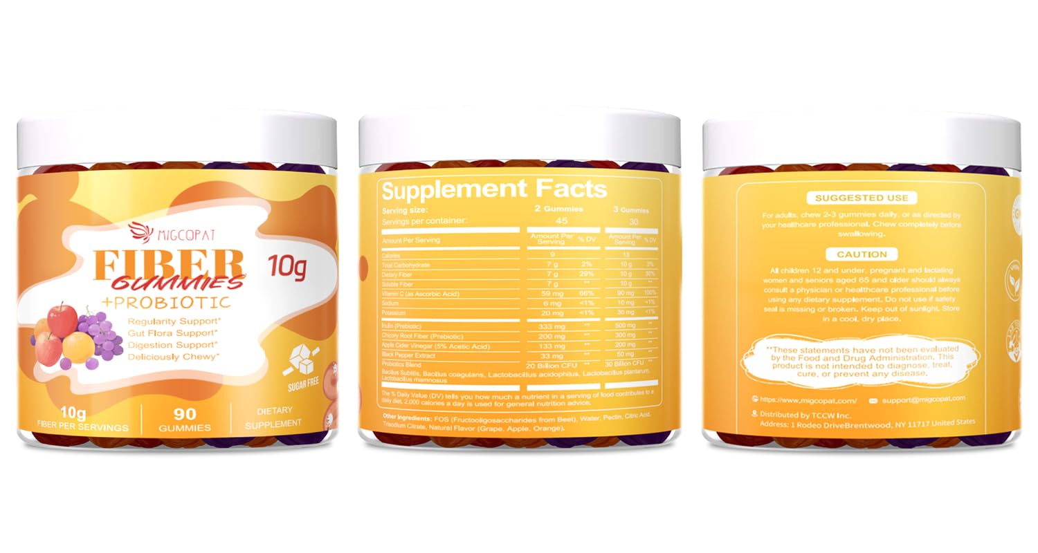 Migcopat 10G Fiber Gummies with Probiotics, Fiber Supplement with 30 Billion CFU Probiotics Blend, ACV, Vitamin C, Inulin - Support Digestive Health - Maple Wellness Supplements