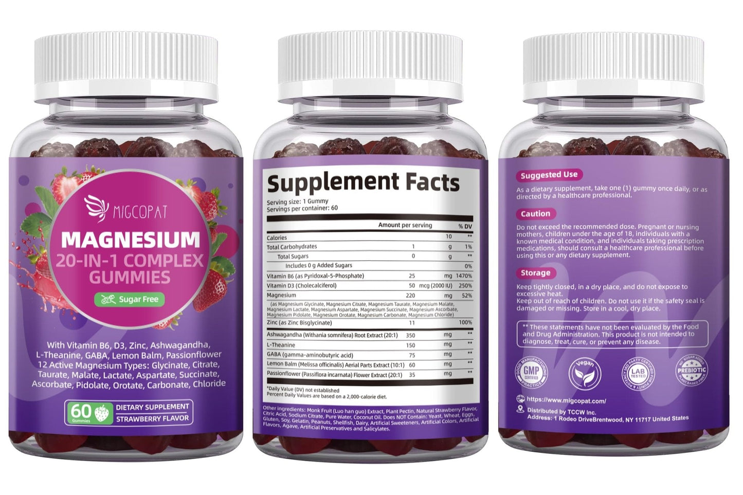Migcopat Magnesium Complex Gummies, 20 in 1 Magnesium Gummy with Glycinate Citrate Malate Taurate - Ashwagandha, L-Theanine, D3&Zinc for Relaxation, Sleep, Muscle&Heart Support, Strawberry, 60 Cts - Maple Wellness Supplements