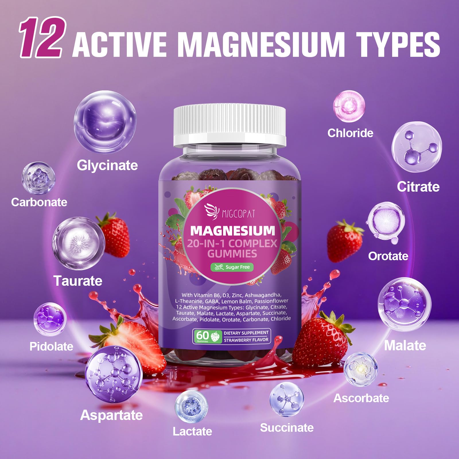 Migcopat Magnesium Complex Gummies, 20 in 1 Magnesium Gummy with Glycinate Citrate Malate Taurate - Ashwagandha, L-Theanine, D3&Zinc for Relaxation, Sleep, Muscle&Heart Support, Strawberry, 60 Cts - Maple Wellness Supplements