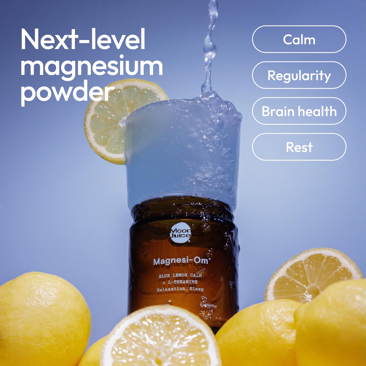 Moon Juice Magnesi-Om Magnesium Powder Supplement - Chelated Magnesium Complex + L-Theanine Blend for Rest, Relaxation & Regularity - Vegan, Non-GMO & No Sugar, Blue Lemon, 4.2 oz, 30 Servings - Maple Wellness Supplements