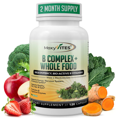 MoxyVites Vitamin B Complex - B Vitamins Whole Food Supplement, B12 Methylcobalamin, B1, B2, B3, B5, B6, B7, B9 - for Stress - Maple Wellness Supplements