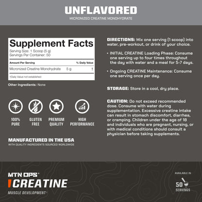 MTN OPS Micronized Creatine Monohydrate Powder – Unflavored 5 g per Serving, 50 Servings – Pure Creatine for Men for Muscle Recovery & Strength Training - Maple Wellness Supplements