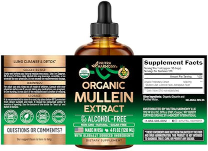 Mullein Drops for Lungs - USDA Organic Liquid - Mullein Leaf Extract Supplement - Made in USA - Lung & Bronchial Cleanse for Smokers - Respiratory Health Support - Maple Wellness Supplements
