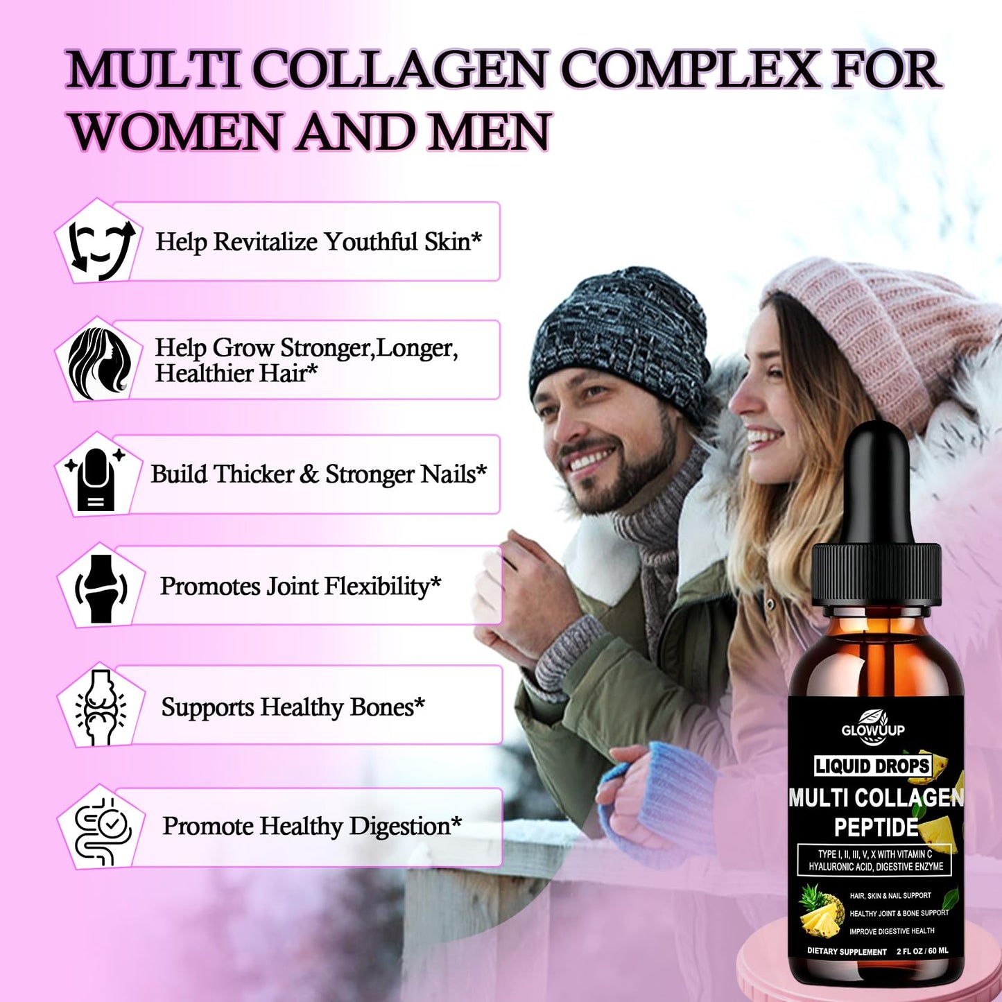 Multi Collagen Peptides Liquid Drops for Women & Men-Type I, II, III, V, X丨Hydrolyzed Collagen Peptides, Collagen Proteins W. Hyaluronic Acid, Biotin & Vitamin C for Hair Skin & Joint Gut Health - Maple Wellness Supplements