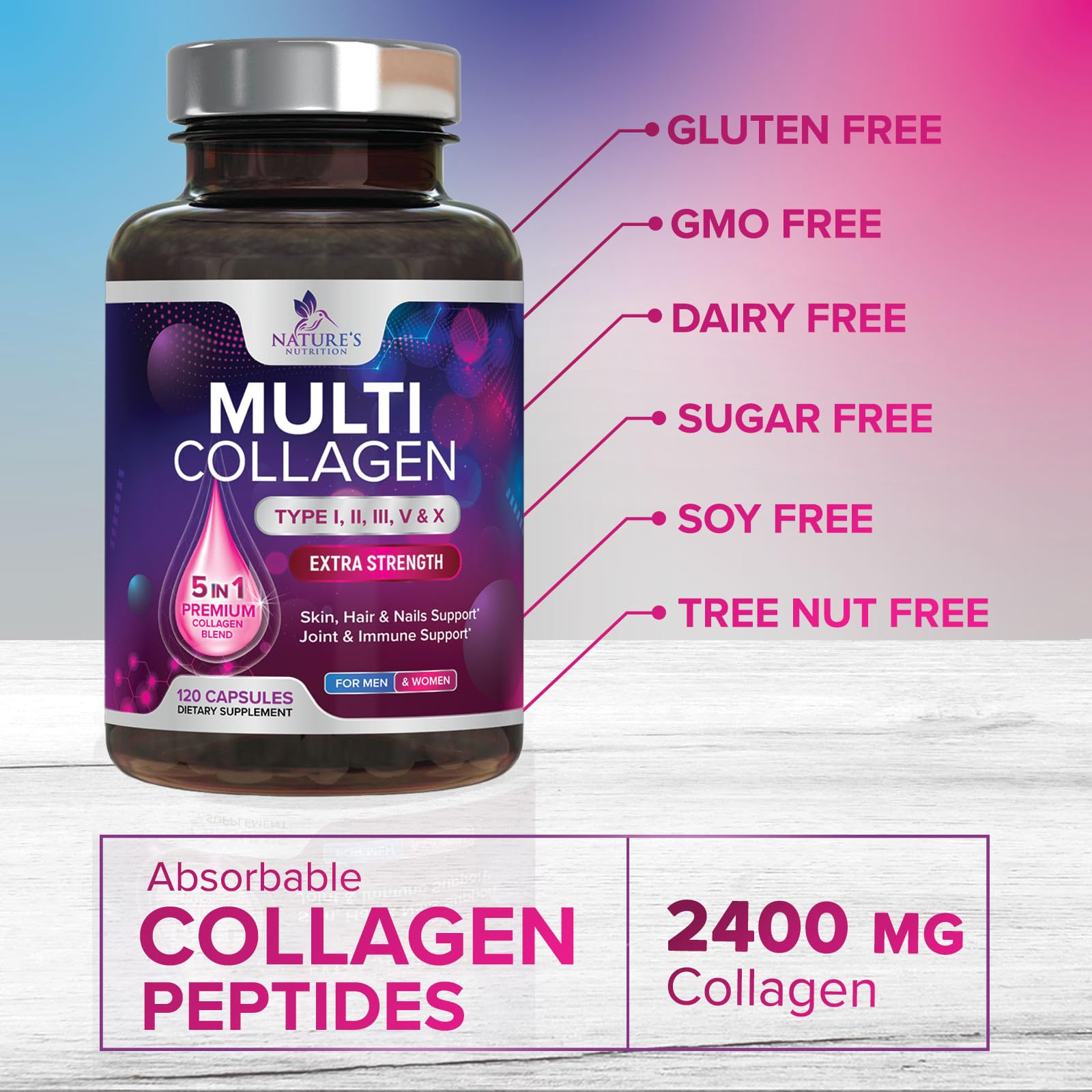 Multi Collagen Pills 2400 mg - Advanced Types I, II, III, V, X - Hydrolyzed Multi Collagen Peptides Pills, Collagen Supplements for Women & Men - Hair, Skin, & Nail Support Supplement - 120 Capsules - Maple Wellness Supplements