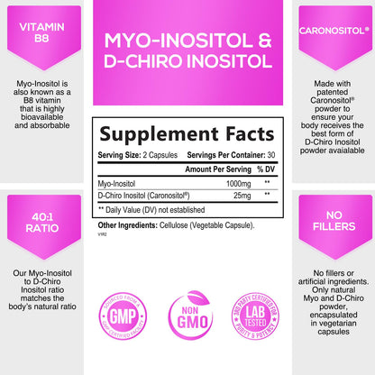 Myo-Inositol & D-Chiro Inositol Blend - 30 Day Supply, Premium 40:1 Ratio, Hormone Sup - Maple Wellness Supplements