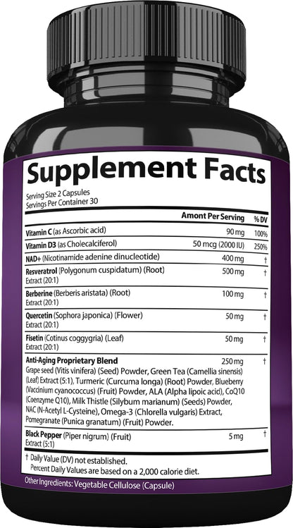 NAD Resveratrol Supplement with Berberine, Quercetin, CoQ10. Anti-Aging Formula for Women & Men. Liposomal NAD Plus, NAD+ Booster, Pure Organic Vitamin, USA - Maple Wellness Supplements