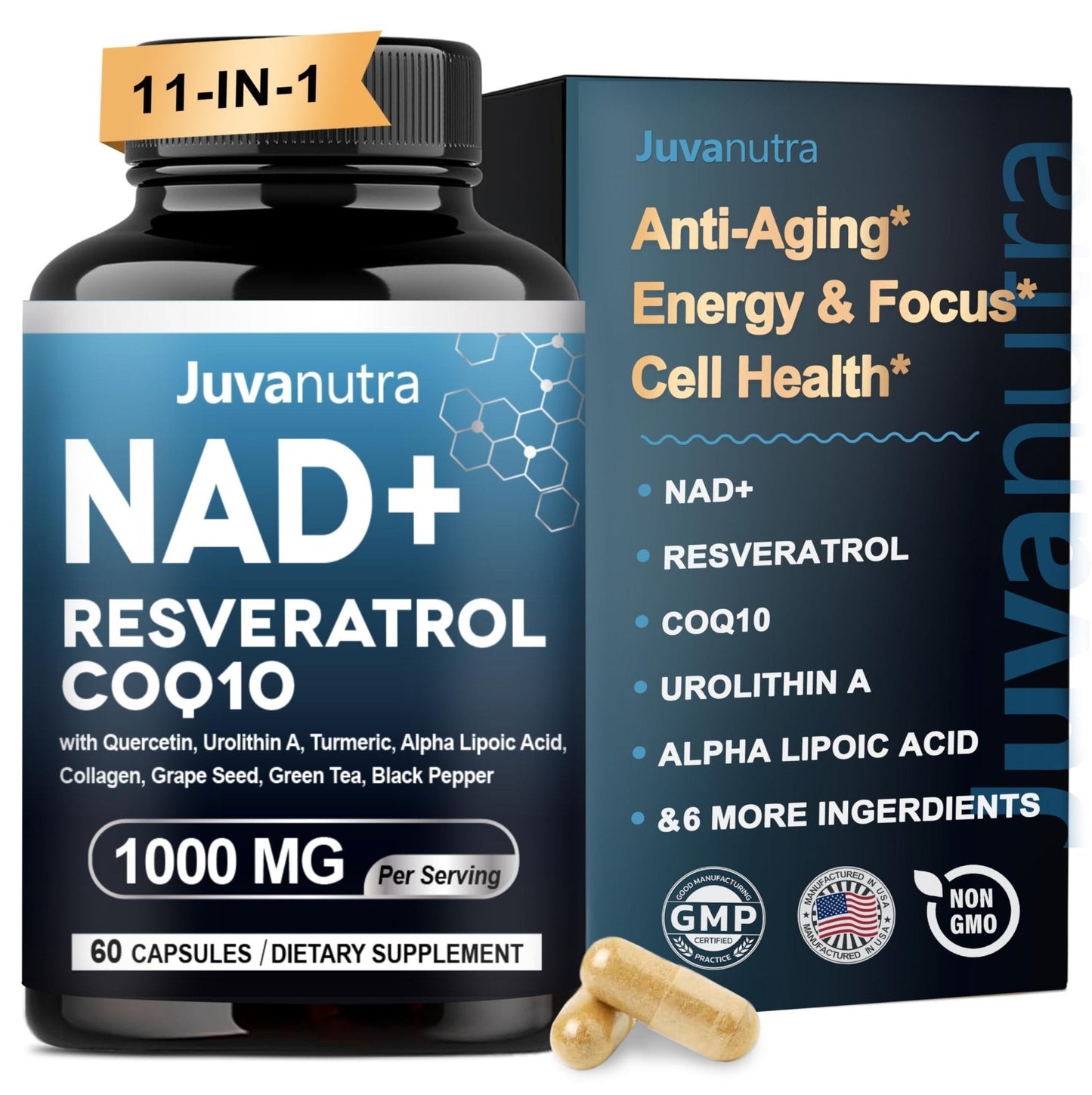 NAD Supplement 11-in-1 Extra Strength – Liposomal NAD with Resveratrol, CoQ10, Urolithin A, ALA & Turmeric – Supports Anti-Aging, Cellular Repair, Energy & Focus – for Women & Men – 60 Capsules - Maple Wellness Supplements