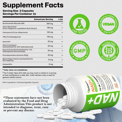 Nad Supplement for Healthy Aging | Energy| Antioxidant| Skin Health| Focus ,10-in-1 Formula with NR,Trans-Resveratrol,CoQ10,Astaxanthin,PQQ,TMG,Quercetin,Olive Fruit Nad+ for Women Men,60 Vegan Caps - Maple Wellness Supplements